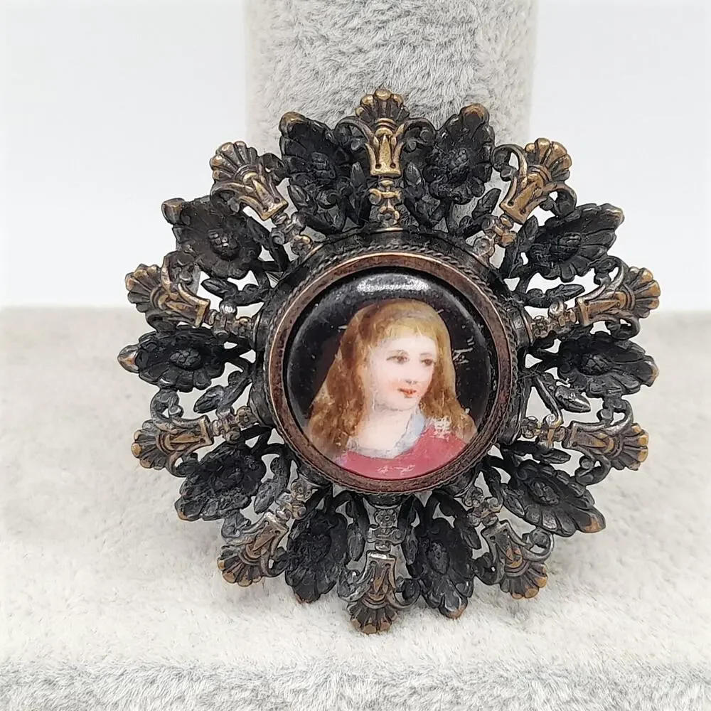Antique Edwardian Portrait Brooch, C Clasp, Brass Filigree, Early 1900s